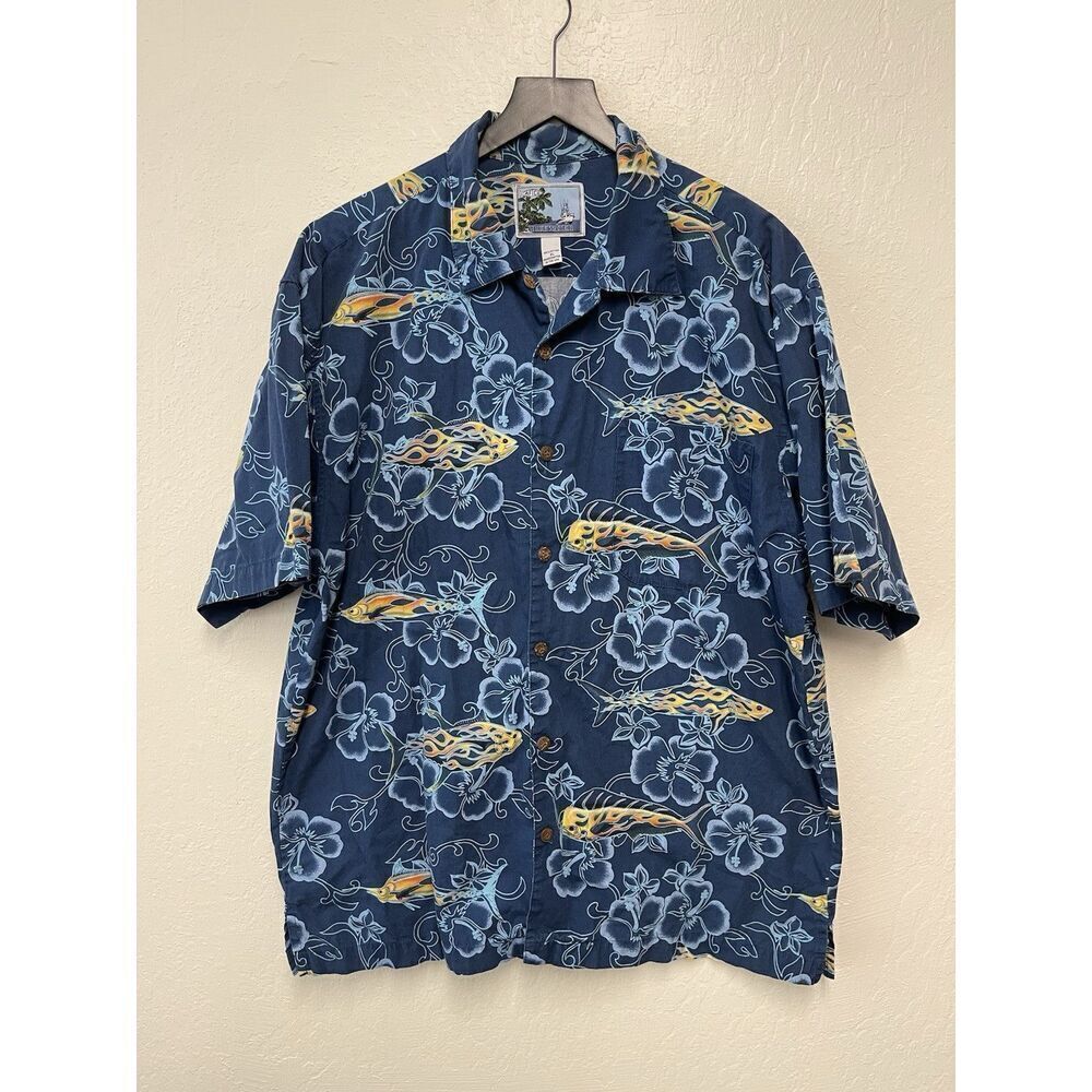 AFTCO Shirt Mens XL Blue Water Fish Casual Button Up Short Sleeve